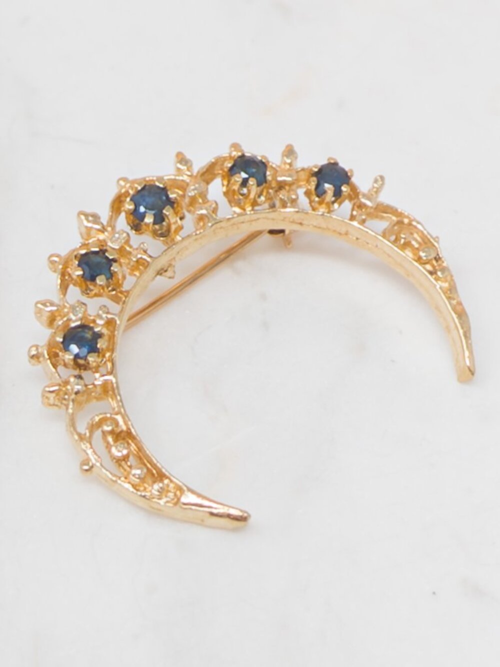 Vintage 14K Gold Blue Sapphire Crescent Moon Brooch, Victorian Revival Style